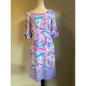 pappagallo Floral Ruffle Bell Sleeve Shift Dress Pink Blue Yellow Small preppy